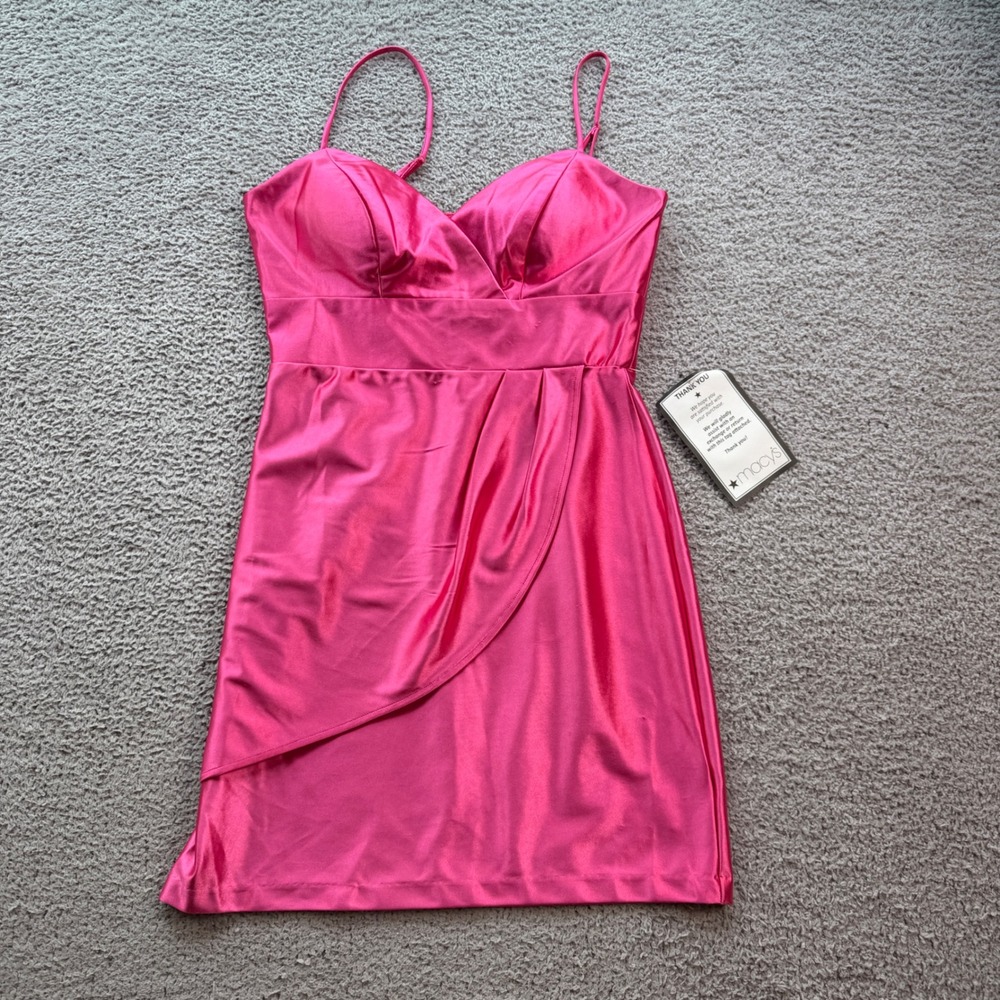 City Studio Hot Pink Satin Tulip Wrap Mini Dress Size L Sleeveless Party Bodycon